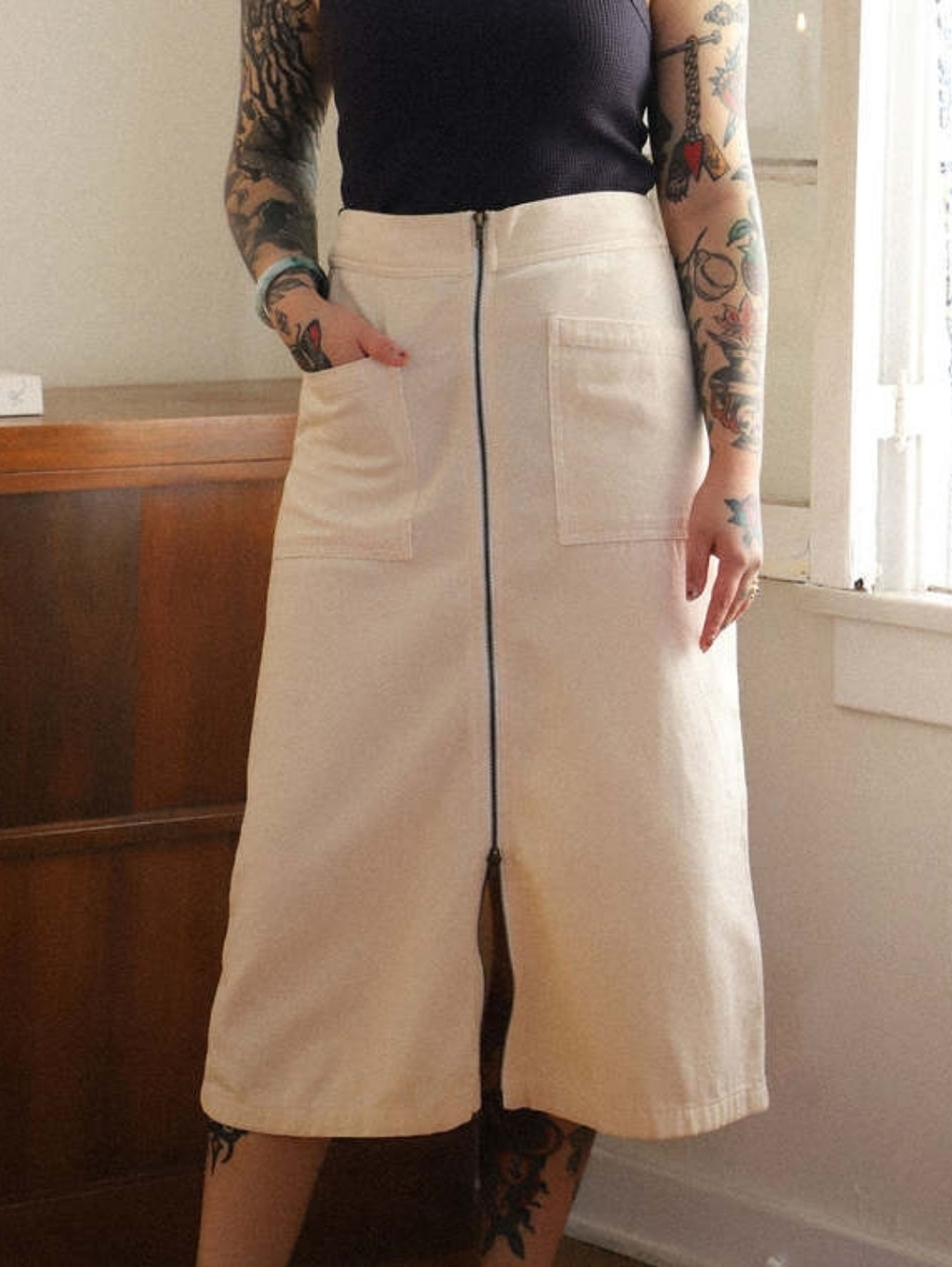 NOBLE UTILITY MIDI SKIRT, OAT MILK BEIGE- SIZE SMALL. New With Tags